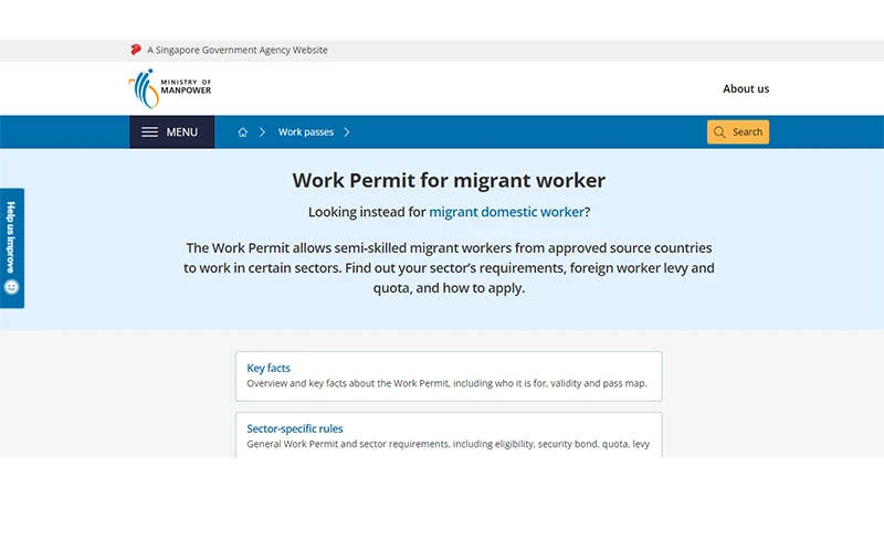 Thông tin về giấy phép lao động cho người lao động di cư trên website của Bộ Nhân lực Singapore. (Ảnh:mom.gov.sg/)