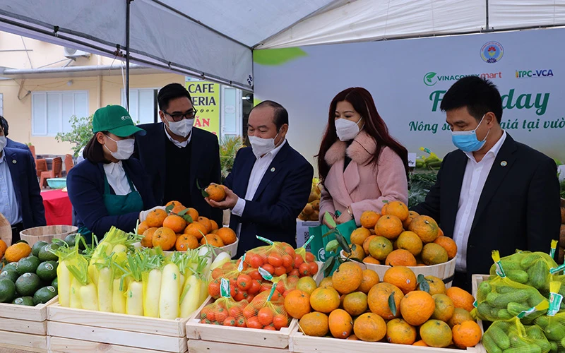 Chủ tịch Liên minh Hợp tác xã Nguyễn Ngọc Bảo tham quan tại gian hàng nông sản sạch.