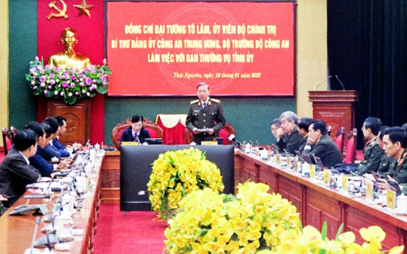 Bộ trưởng Tô Lâm phát biểu tại buổi làm việc với Ban Thường vụ Tỉnh ủy Thái Nguyên.
