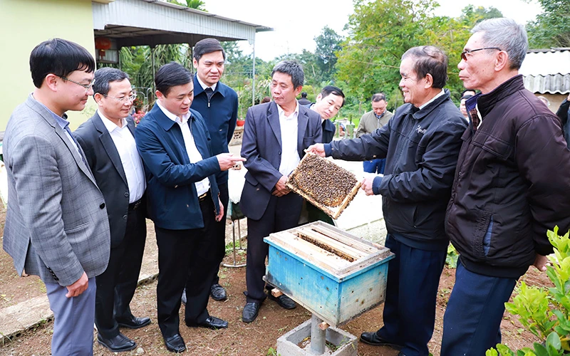 Bí thư Tỉnh ủy Nghệ An Thái Thanh Quý (thứ ba, bên trái) thăm Hợp tác xã nuôi ong mật Tây Hiếu, Thái Hòa. Ảnh: THÀNH DUY