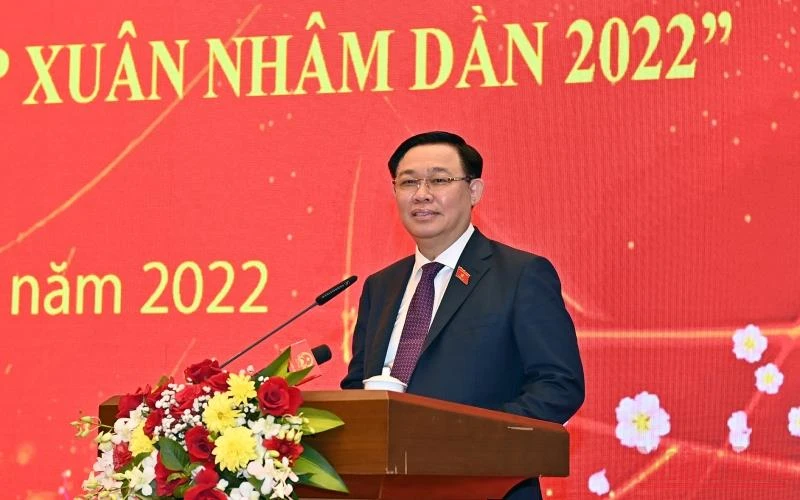 Chủ tịch Quốc hội Vương Đình Huệ phát biểu chúc Tết nhân dịp Xuân Nhâm Dần 2022. (Ảnh: Duy Linh)