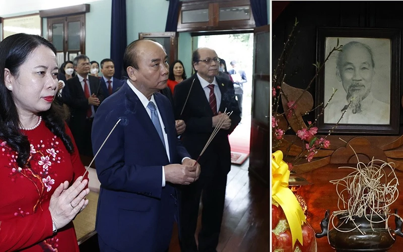 Chủ tịch nước Nguyễn Xuân Phúc dâng hương tưởng niệm Chủ tịch Hồ Chí Minh tại Nhà 67 trong Khu Di tích Chủ tịch Hồ Chí Minh ở Phủ Chủ tịch. (Ảnh: TTXVN)