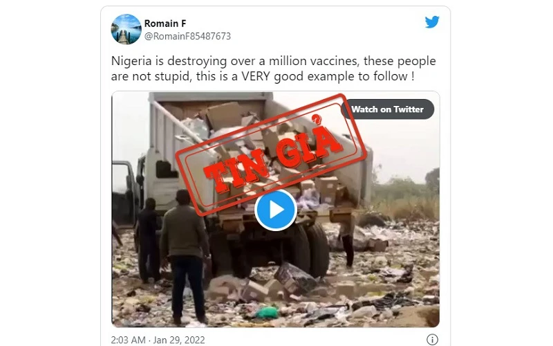 Ảnh chụp màn hình một bài đăng trên mạng xã hội Twitter đưa thông tin sai lệch về việc tiêu hủy vaccine Covid-19 ở Nigeria. 