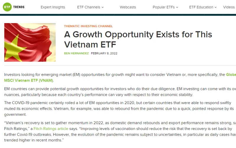 Trang ETF Trends của Mỹ nhấn mạnh, Việt Nam là điểm đến đầy hứa hẹn với các nhà đầu tư (Ảnh chụp màn hình). (Nguồn: Việt Nam và Thế giới)