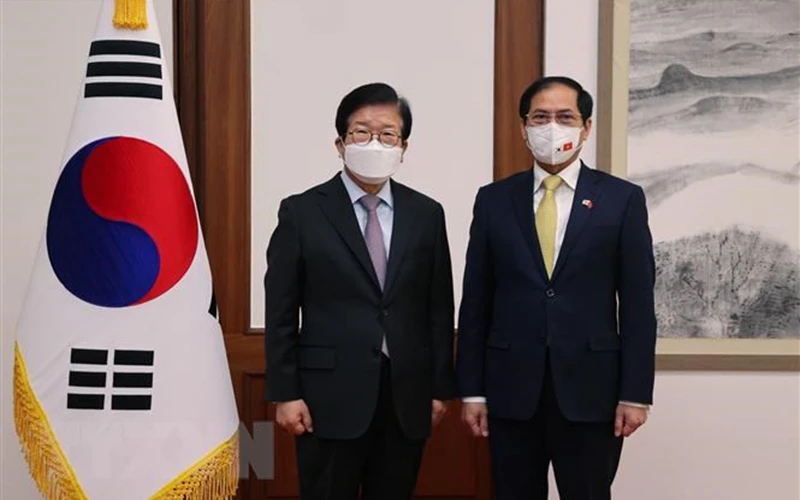 Bộ trưởng Ngoại giao Bùi Thanh Sơn và Chủ tịch Quốc hội Hàn Quốc Park Byeong-seug. (Ảnh: TTXVN)