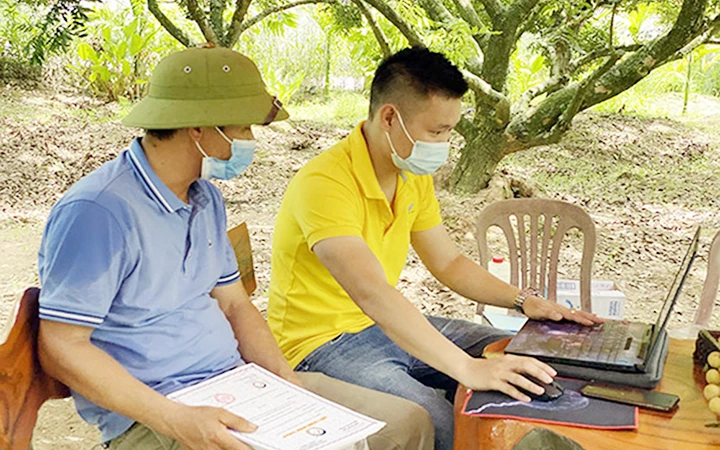 Nhân viên bưu điện hướng dẫn nông dân tỉnh Hưng Yên bán nhãn trên sàn thương mại điện tử. (Ảnh AN AN)