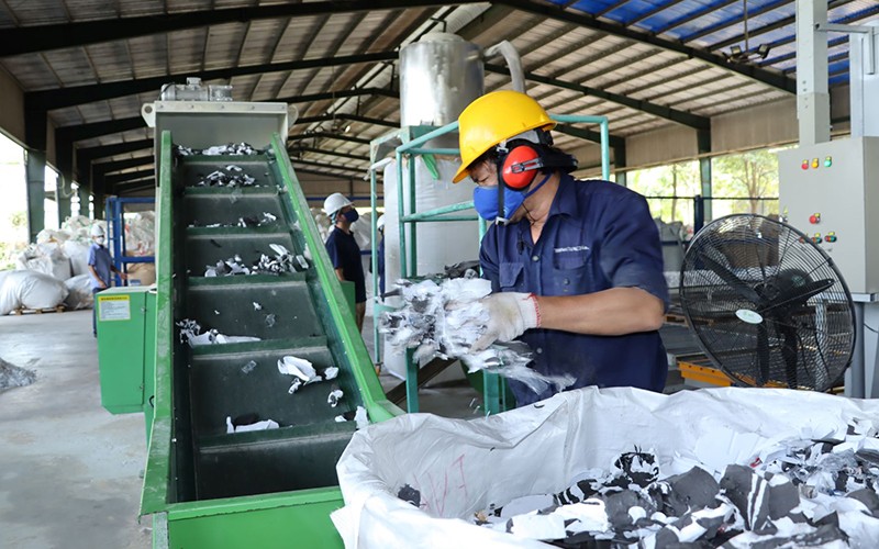 Rác thải nhựa được tái chế thành ván ép để xuất khẩu tại Công ty Thanh Tùng 2.