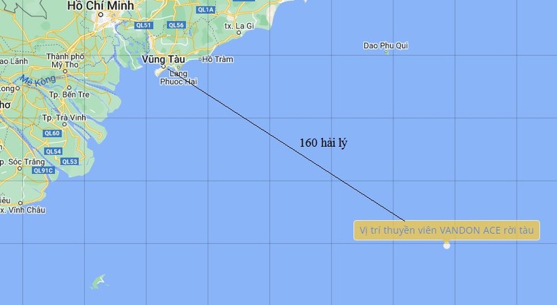 Vị trí thuyền viên tàu VANDON ACE rời tàu cách Đông Nam Vũng Tàu 160 hải lý.