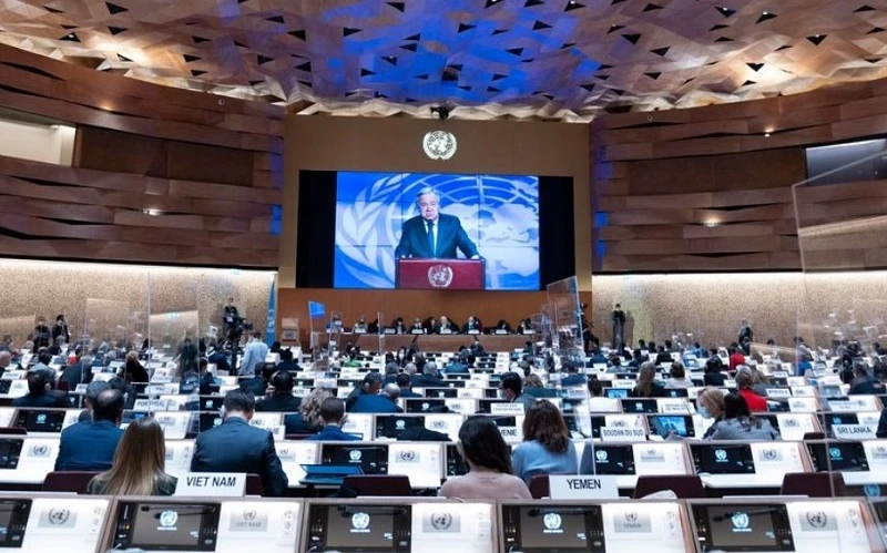 Tổng Thư ký Liên hợp quốc Antonio Guterres phát biểu tại khóa họp thứ 49 Hội đồng Nhân quyền Liên hợp quốc tại Geneva. (Ảnh: Liên hợp quốc)