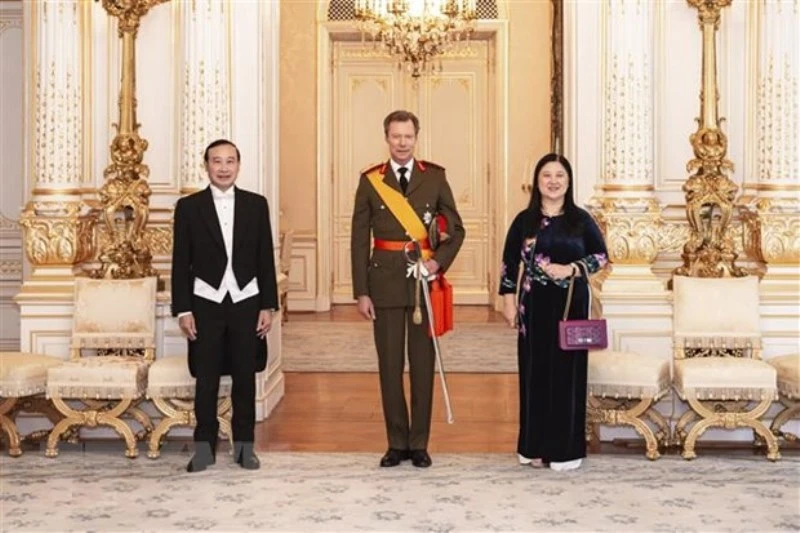 Đại sứ Nguyễn Văn Thảo và phu nhân cùng Đại Công tước Henri của Đại Công quốc Luxembourg. (Ảnh: TTXVN phát)
