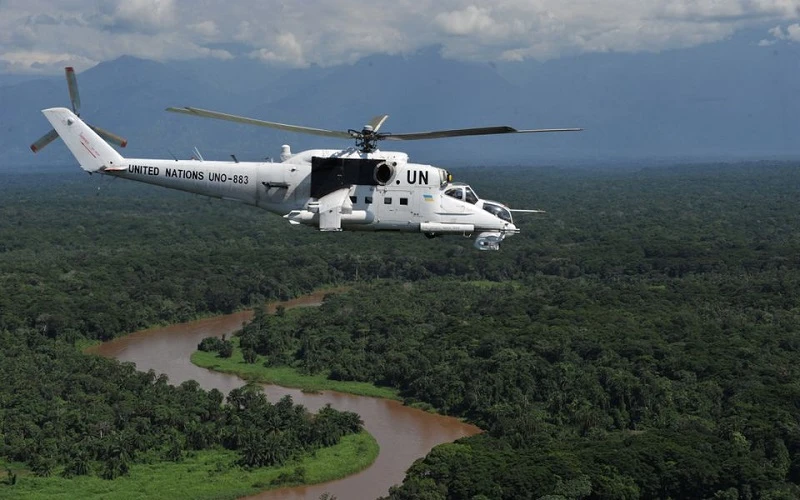 Trực thăng Mi-24 của Ukraine tham gia nhiệm vụ của Phái bộ gìn giữ hòa bình Liên hợp quốc tại Cộng hòa dân chủ Congo (MONUSCO), Beni, Cộng hòa dân chủ Congo, ngày 22/10/2018. (Ảnh: REUTERS)