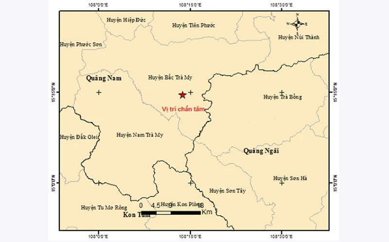 Bản đồ tâm chấn động đất tại huyện Bắc Trà My