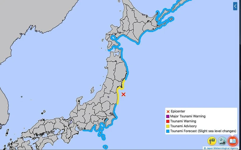 Vị trí xảy ra động đất (dấu X màu đỏ). Ảnh: Cơ quan Khí tượng Nhật Bản