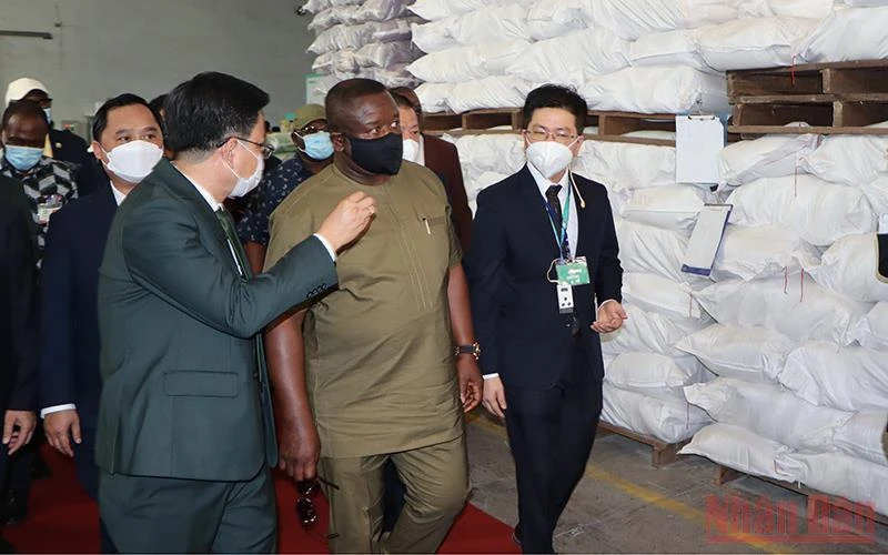 Đoàn Tổng thống nước Cộng hòa Sierra Leone tham quan nhà máy gạo Angimex tại thành phố Long Xuyên.