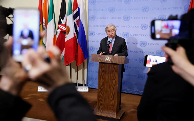 Tổng Thư ký Liên hợp quốc Antonio Guterres phát biểu trước báo giới tại trụ sở Liên hợp quốc ở New York, Mỹ, ngày 14/3. (Ảnh: Reuters)
