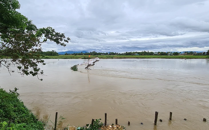 Nước cuốn trôi đập tạm ngăn mặn trên sông Vĩnh Điện.