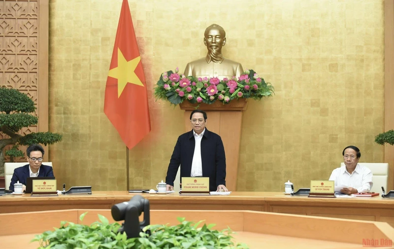 Thủ tướng Phạm Minh Chính chủ trì Hội nghị trực tuyến toàn quốc với các địa phương. (Ảnh: TRẦN HẢI)