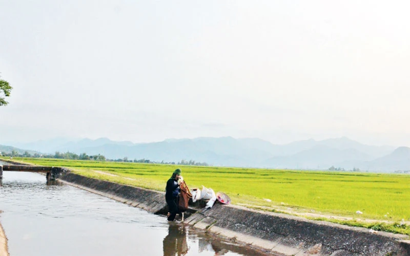 Kênh thủy lợi lấy nước từ công trình đại thủy nông Nậm Rốm, cung cấp nước cho cánh đồng lúa Mường Thanh, tỉnh Ðiện Biên. (Ảnh VĂN LÚA)