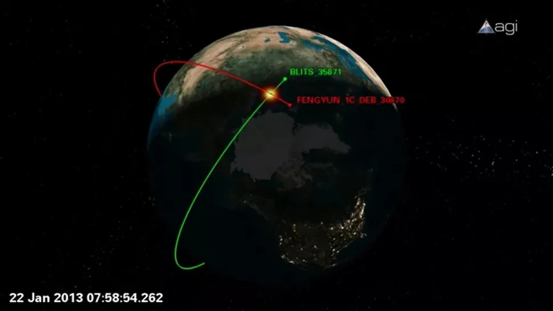 Rác không gian được tạo ra từ cuộc thử nghiệm chống vệ tinh của Trung Quốc năm 2007 đã va vào một vệ tinh của Nga vào ngày 22/1/2013. Ảnh: Courtesy of Analytical Graphics.