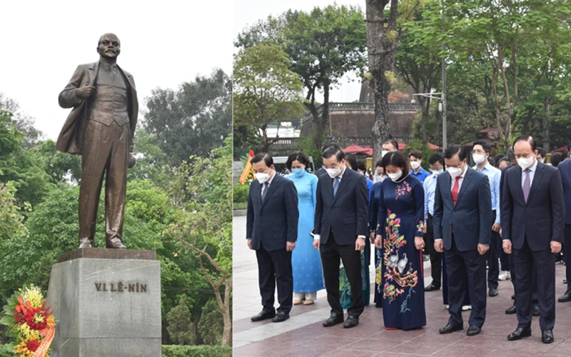 Các đồng chí lãnh đạo thành phố Hà Nội dâng hoa tại Tượng đài V.I.Lenin. (Ảnh: Duy Linh)