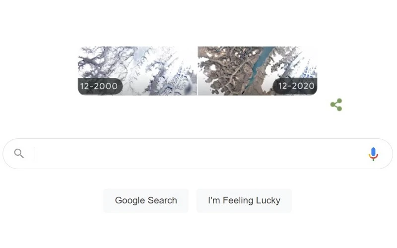 Google Doodle cho thấy tình trạng thu hẹp diện tích sông băng ở khu vực Sermersooq, Greenland. (Ảnh chụp màn hình)
