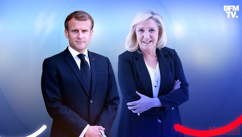 Hai ứng cử viên lọt vào vòng hai bầu cử tổng thống Pháp: ông Emmanuel Macron và bà Marine Le Pen. Ảnh: BFMTV.