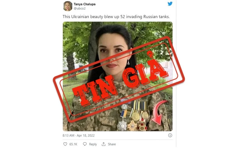 Một tài khoản Twitter đăng câu chuyện không có thật về một nữ binh sĩ Ukraine phá hủy 52 xe tăng của Nga. 