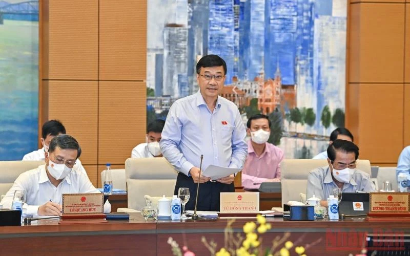 Chủ nhiệm Ủy ban Kinh tế Vũ Hồng Thanh, đại diện Đoàn giám sát trình bày báo cáo tại phiên họp. (Ảnh Duy Linh)
