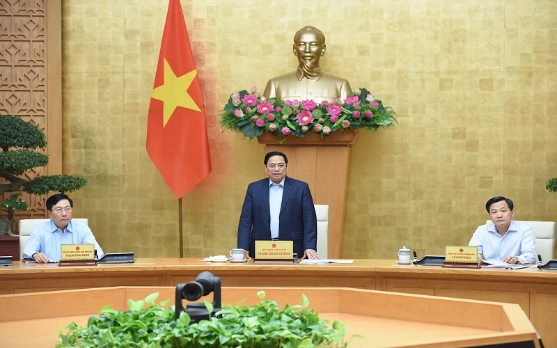 Thủ tướng Phạm Minh Chính phát biểu tại phiên họp Chính phủ thường kỳ tháng 4. (Ảnh: TRẦN HẢI)