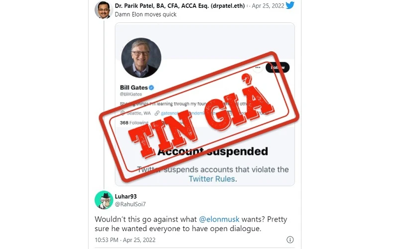 Ảnh chụp màn hình một bài đăng trên mạng xã hội Twitter đưa tin không chính xác rằng tài khoản Twitter của tỷ phú Bill Gates đã bị đình chỉ.