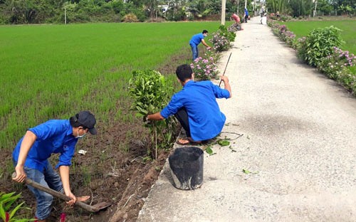 Đoàn viên, thanh niên chăm sóc các tuyến đường hoa góp phần làm cho bộ mặt nông thôn của xã Tân Lân đổi mới từng ngày. (Ảnh: Báo Long An)