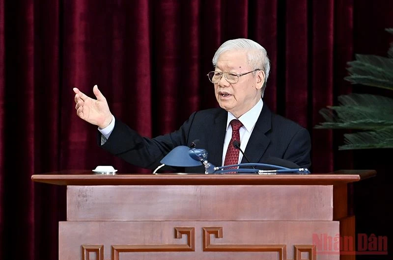 Tổng Bí thư Nguyễn Phú Trọng phát biểu bế mạc Hội nghị. (Ảnh: ĐĂNG KHOA)