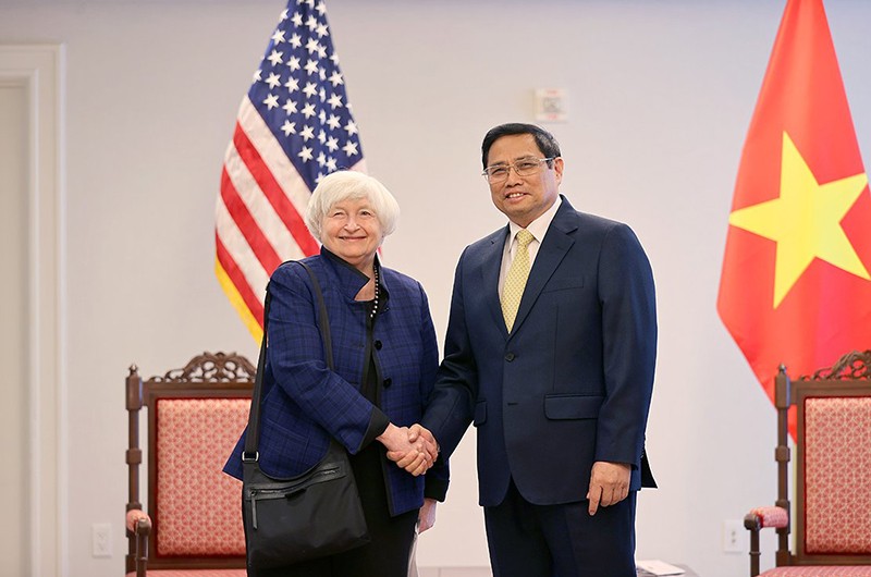Thủ tướng Phạm Minh Chính đã tiếp Bộ trưởng Tài chính Hoa Kỳ Janet Yellen. (Ảnh: DƯƠNG GIANG/TTXVN)