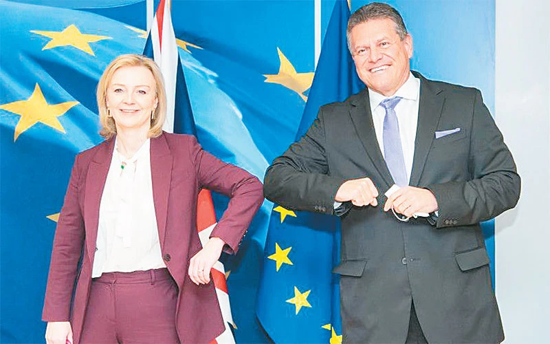 Bộ trưởng Ngoại giao Anh (trái) và Phó Chủ tịch Ủy ban châu Âu tại cuộc gặp ở Brussels. 