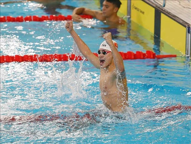 Phạm Thanh Bảo phá kỷ lục SEA Games nội dung 100m bơi ếch. (Ảnh: Phạm Kiên/TTXVN)