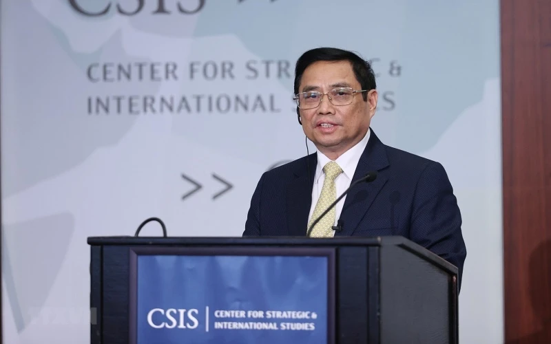 Thủ tướng Phạm Minh Chính phát biểu về chính sách của Việt Nam tại Trung tâm Nghiên cứu chiến lược quốc tế Hoa Kỳ (CSIS). (Ảnh: Dương Giang/TTXVN)