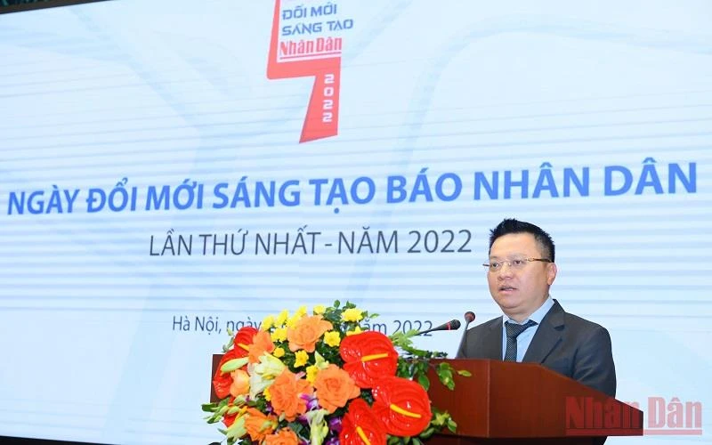 Đồng chí Lê Quốc Minh phát biểu tại Ngày đổi mới sáng tạo Báo Nhân Dân lần thứ nhất - năm 2022.