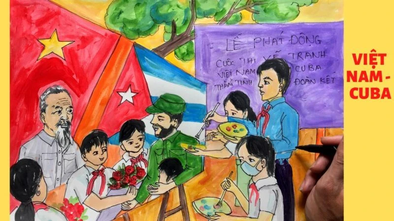 Bức tranh về tình hữu nghị Việt Nam-Cuba của các em thiếu nhi tham gia triển lãm. (Ảnh: BTC cung cấp)