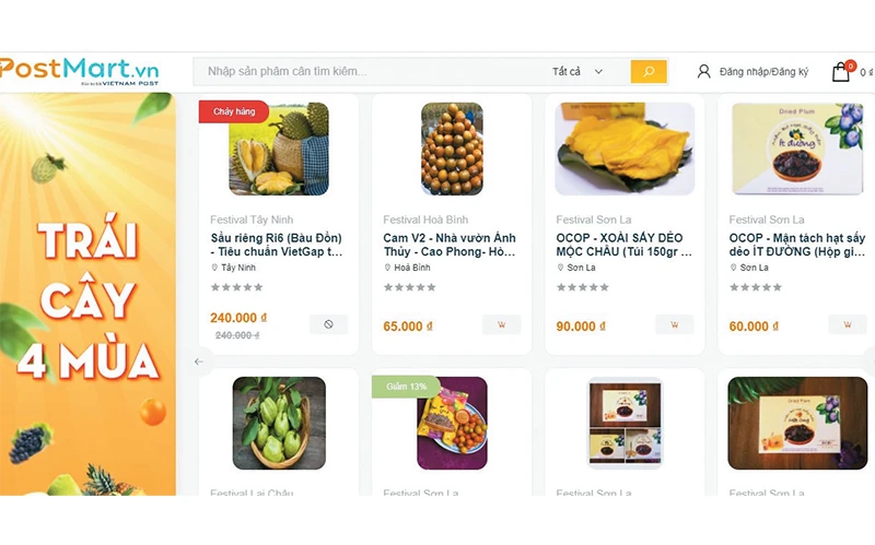 Các mặt hàng nông sản, trái cây được bán trên sàn thương mại điện tử Postmart.vn.