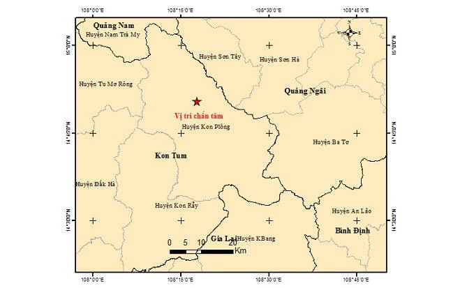 Bản đồ tâm chấn trận động đất thứ nhất, xảy ra tại huyện Kon Plông, tỉnh Kon Tum sáng ngày 1/6/2022. (Ảnh: Viện Vật lý địa cầu)