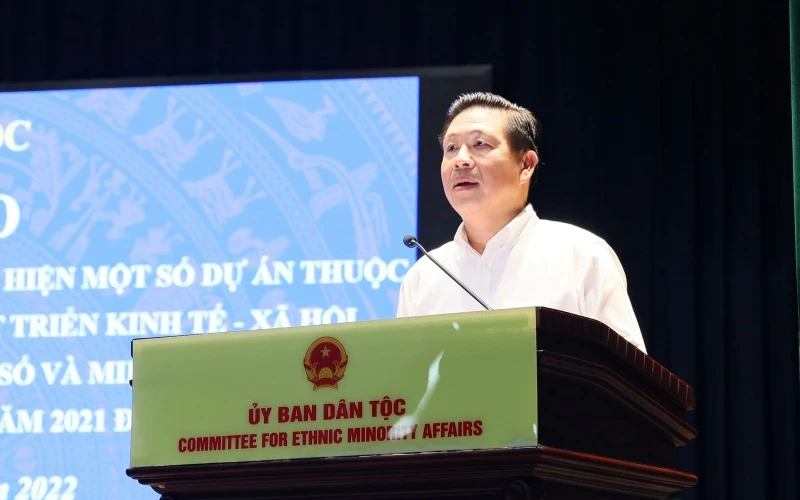 Thứ trưởng, Phó Chủ nhiệm Ủy ban Dân tộc Lê Sơn Hải phát biểu tại Hội thảo.