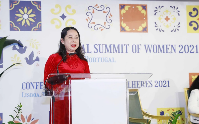 Phó Chủ tịch nước Võ Thị Ánh Xuân phát biểu tại Hội nghị cấp cao Phụ nữ toàn cầu năm 2021 với chủ đề “Phụ nữ - Chuyển đổi nền kinh tế toàn cầu”. (Nguồn: TTXVN)