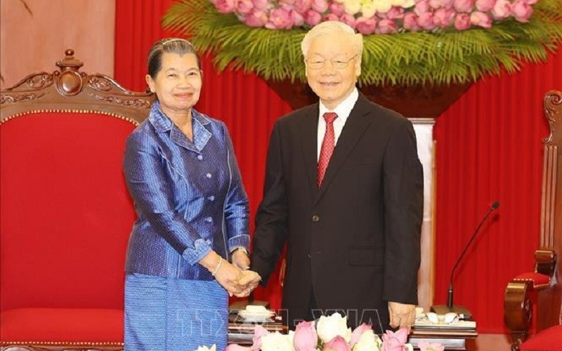 Tổng Bí thư Nguyễn Phú Trọng tiếp Phó Chủ tịch Đảng Nhân dân Campuchia (CPP), Phó Thủ tướng Campuchia Men Sam An. (Ảnh: TTXVN)