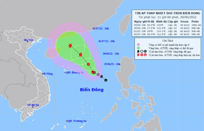 Vị trí và hướng di chuyển của áp thấp nhiệt đới lúc 11 giờ ngày 29/6. (Nguồn: nchmf.gov.vn)