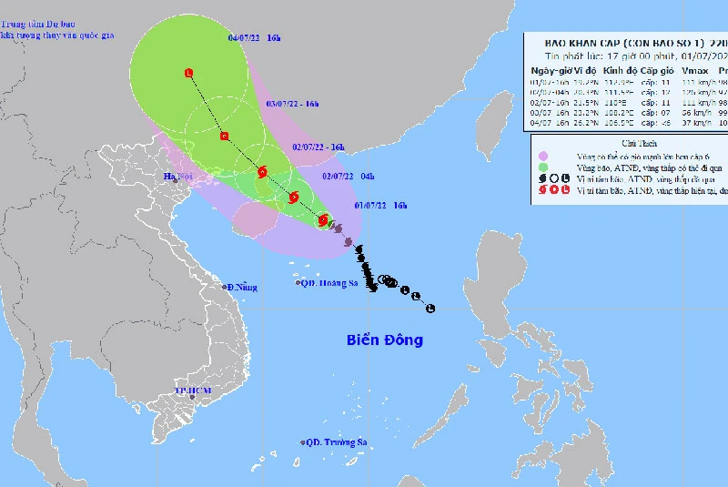 Vị trí và hướng di chuyển của bão số 1 lúc 16 giờ ngày 1/7. (Nguồn: nchmf.gov.vn)