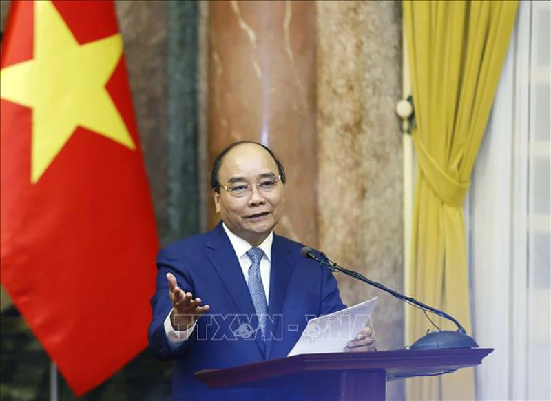 Chủ tịch nước Nguyễn Xuân Phúc phát biểu tại buổi gặp mặt. (Ảnh: Thống Nhất/TTXVN)