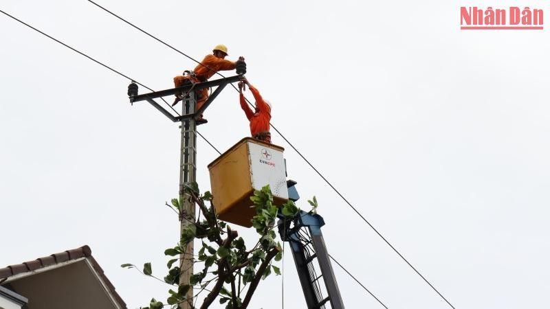 Công nhân ngành điện Quảng Ngãi không ngơi nghỉ, khắc phục sự cố lưới điện sao bão số 4. (Ảnh: HIỂN CỪ)