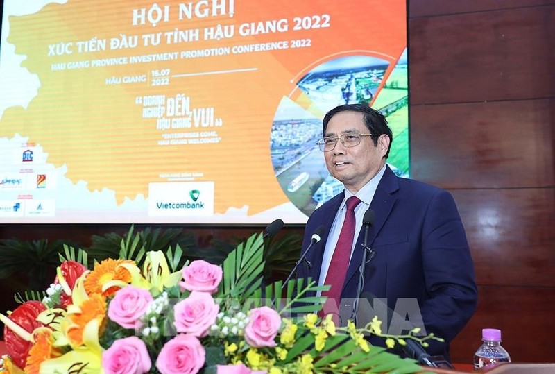 Thủ tướng Chính phủ Phạm Minh Chính phát biểu tại Hội nghị xúc tiến đầu tư tỉnh Hậu Giang năm 2022. Ảnh: DƯƠNG GIANG/TTXVN