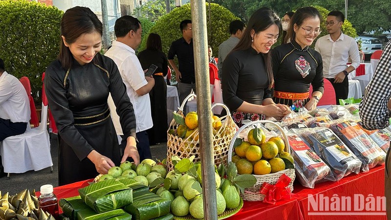 Gian hàng bày bán sản phẩm nông nghiệp của các hợp tác xã huyện Đình Hóa.