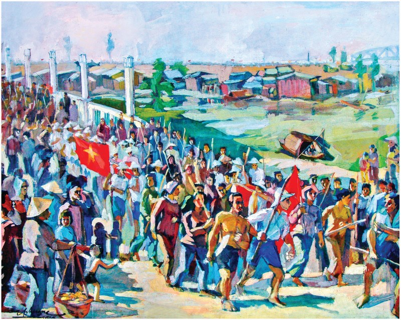Tác phẩm "Tân An những ngày Tháng Tám năm 1945" của họa sĩ Hữu Phương, vẽ theo lời kể của họa sĩ Huỳnh Văn Gấm.